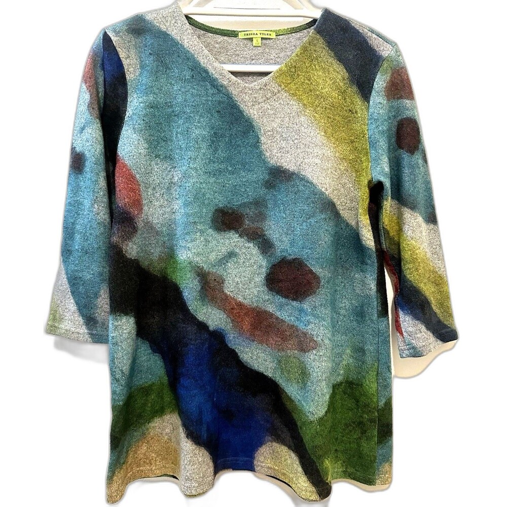 Trisha Tyler Abstract Print Tunic Top Small 3/4 Sleeve Stretch Korea